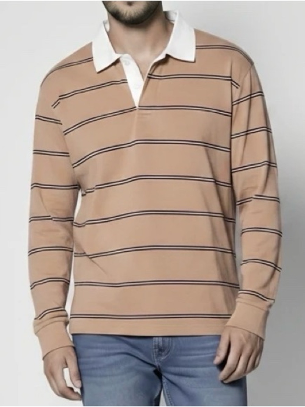 Cotton On Loose Fit Nude & Black Striped Polo Shirt with White Collar